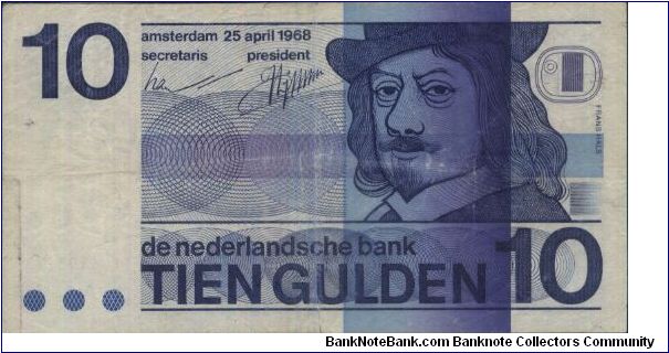 10 Gulden 

dated 25 April 1968

De Nederlandsche Bank,Amsterdam

Obverse:
Dk.blue on violet and m/c unpt.Stylized self-portrait of Frans Hals 

Reverse:
Modern design 

Series no:3146203773

Watermark:
Cornucopia

BID VIA EMAIL Banknote