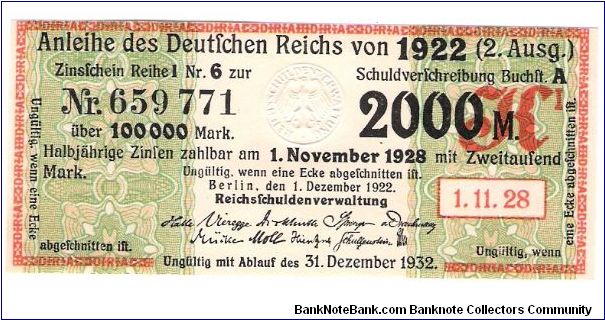 2000 Mark bond Coupon cash in date 1-11-28 Banknote
