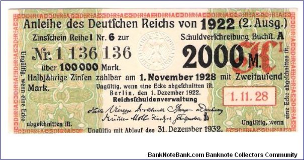 german Bond coupon
for 2000 Mark
#1 136 136
1 november 1928 Banknote