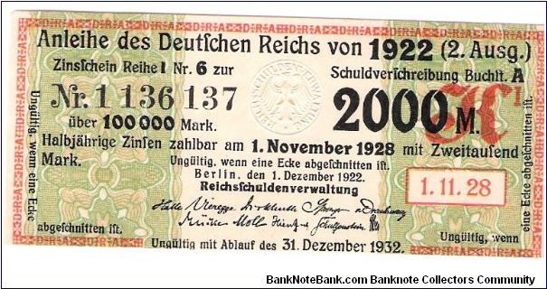 1922 German Bond for 2000 Mark
Nr 1 136 137 Banknote