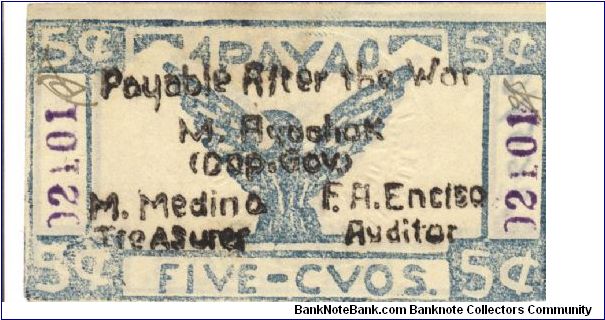 S-102 Rare consecutive numbered Apayao 5 centavos note. Banknote