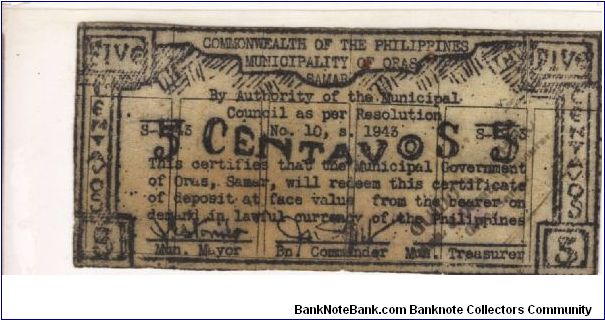 SMR-571 Rare Samar Province 5 centavos note. Banknote