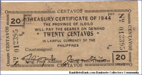 S-332 Unlisted Iloilo 20 centavos note with 3 sets of initials. Banknote