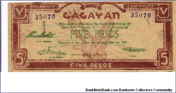 S-191a Cagayan 5 Pesos note with green text. Banknote