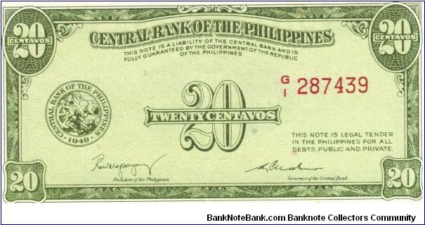 PI-130a Philippine English series 20 centavos note, signature 2. Banknote