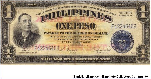 PI-117b Philippine 1 Peso note with medium-thick lettering overprint on reverse. Banknote