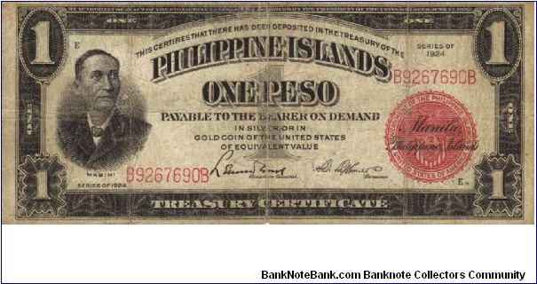 PI-68b Philippine 1 Peso note with Leonard Wood and Salv. Lagdameo w/title Treasurer. Banknote