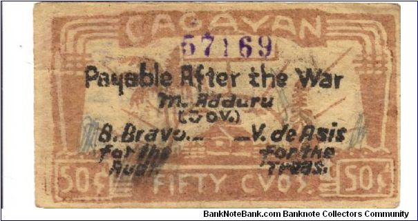 S-185a Rare Cagayan 50 centavos note with countersign stamp on reverse. Banknote