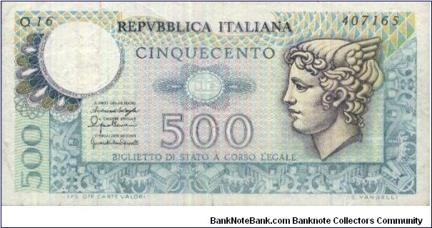 Repvbblica Italiana. 500 Lire. Banknote