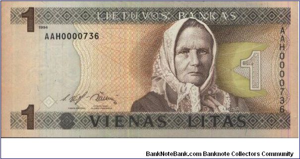 A Series 1 Litas No:AAH0000736,Lietuvas Bankas  Obverse:Zemaite Reserve:Old church
Security Thread:Yes Banknote