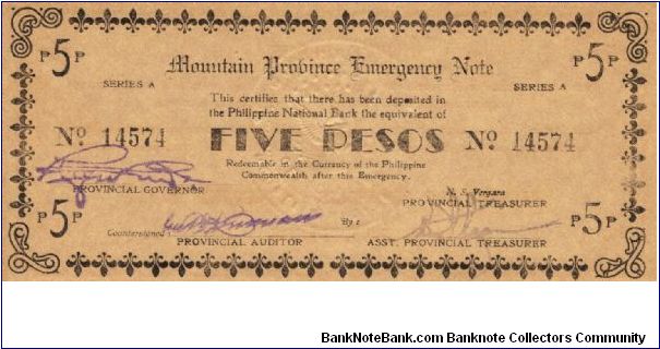 S-603 Mountain Province Emergency Board 5 Peso note without countersign on reverse. Banknote