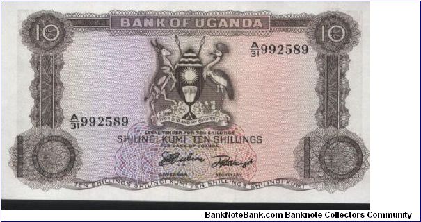One of 4 Uganda notes of the 1st Issue 1966 Uganda
10 shs Note. Banknote