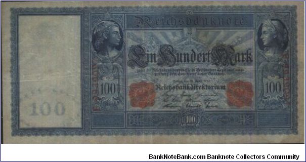 100 Mark. Berlin, Dated 21 April 1910 with Reich Bank Direktorium Red Seal & series no: F 9939097.OFFER VIA EMAIL. Banknote