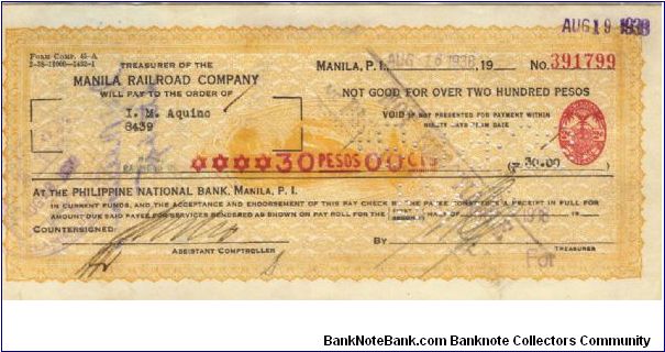 Manila Railroad Check with imprinted 2 centavos revenue stamp. Banknote