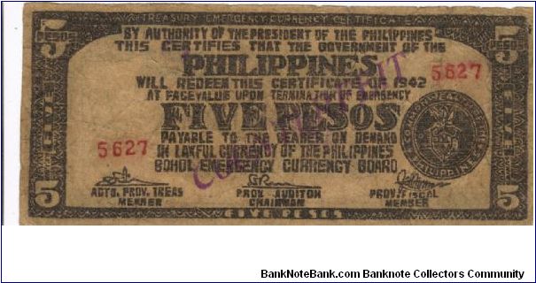 S-136 Bohol 5 Peso note, stamped Counterfeit on front and back. Banknote