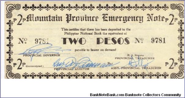 S-596 Mountain Province 2 Peso note. Banknote