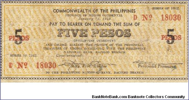 S-638 Negros Occidental 5 Pesos note. Banknote