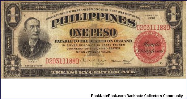 PI-81 Philippine Treasury Certificate 1 Peso note. Will trade this note for Philippine notes I don't have. Banknote