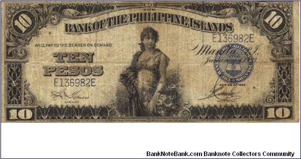 Bank of the Philippine Island 10 Pesos note. Will trade this note for Philippine notes I don't have. Banknote