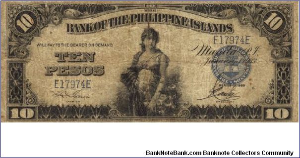 PI-23 Bank of the Philippine Islands 10 Pesos note. Will trade this note for Philippine notes I don't have. Banknote