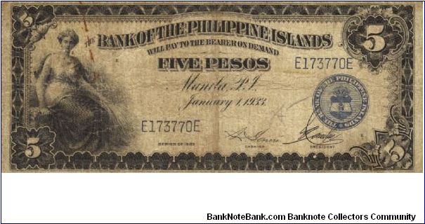 PI-22 Bank of the Philippine Islands 5 Pesos note. Will trade this note for Philippine notes I don't have. Banknote