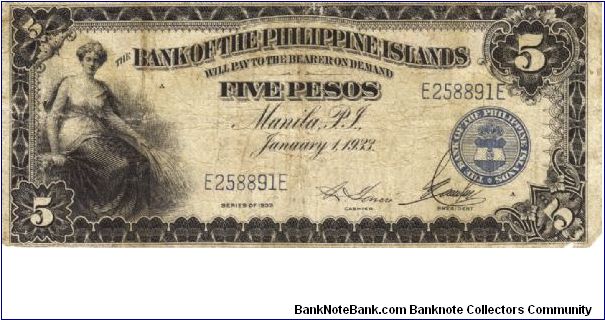 PI-22 Bank of the Philippine Islands 5 Pesos note. Will trade this note for Philippine notes I don't have. Banknote