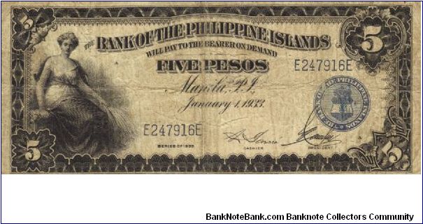 PI-22 Bank of the Philippine Islands 5 Pesos note. Will trade this note for Philippine notes I don't have. Banknote