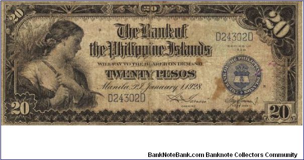PI-18 Bank of the Philippine Islands 20 Pesos note. Will trade this note for Philippine notes I don't have. Banknote