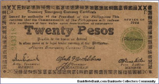 S-680a Negros Occidental 20 Pesos note. Will trade this note for Philippine notes I don't have. Banknote