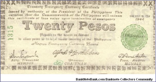 S-678 Negros Occidental 20 Pesos note. Will trade this note for Philippine notes I don't have. Banknote
