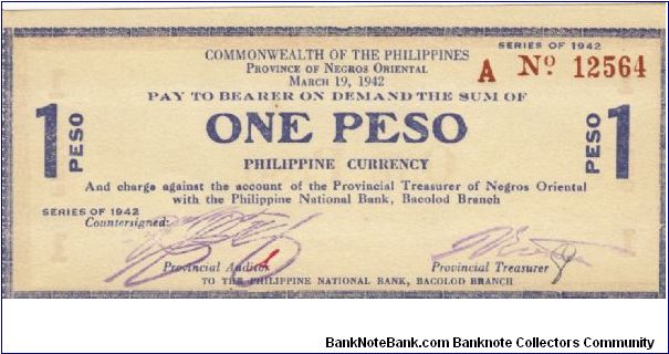 S-654a Negros Occidental 1 Peso note. Will trade this note for Philippine notes I don't have. Banknote