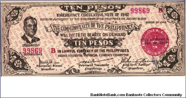 S-649c Negros Occidental 10 Pesos note. Will trade this note for Philippine notes I don't have. Banknote