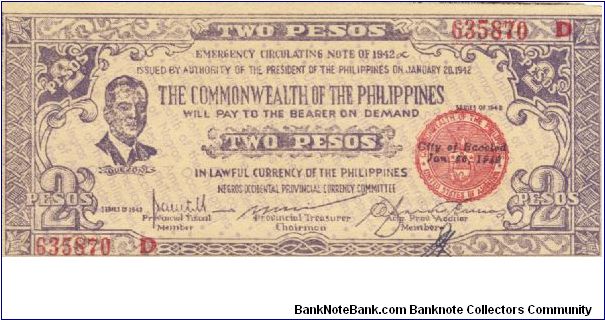 S-647b Negros Occidental 2 Pesos note. Will trade this note for Philippine notes I don't have. Banknote