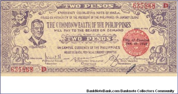 S-647b Negros Occidental 2 Pesos note. Will trade this note for Philippine notes I don't have. Banknote