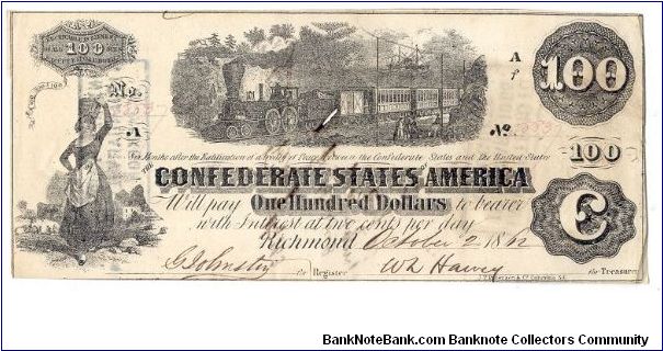 Confederate T-40.
Quartermaster issued.

Serial number consecutive to a note I purchased from a different seller 5.5 years earlier!
Issued same date.

Manuscript on reverse:
Issued Feby. 7th 1863
W. F. Haines
Maj + qm
CSA Banknote