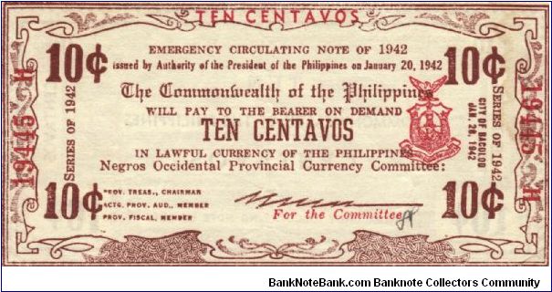 S-642 Negros Occidental 10 Centavos note. Will trade this note for Philippine notes I don't have. Banknote