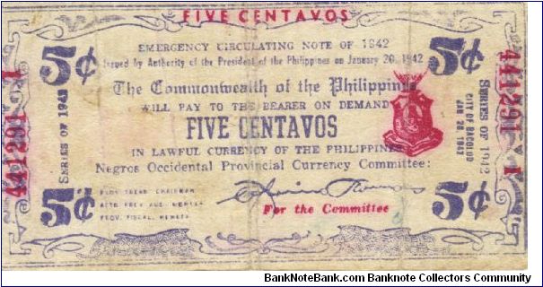 S-641 Negros Occidental 5 Centavos note. Will trade this note for Philippine notes I don't have. Banknote