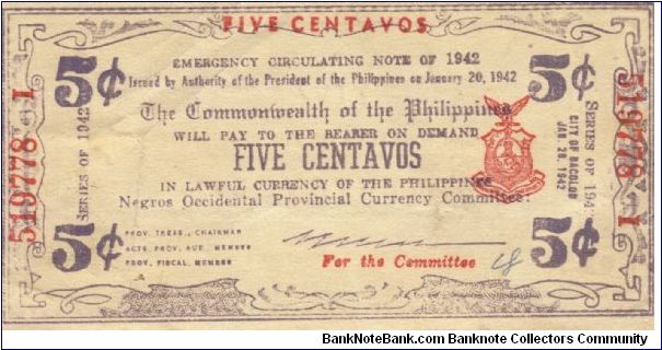 S-640a Negros Occidental 5 Centavos note. Will trade this note for Philippine notes I don't have. Banknote