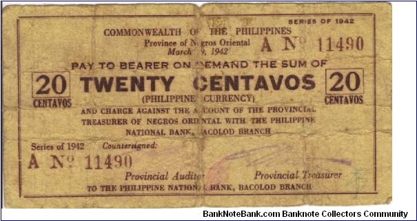 S-653 Negros Occidental 20 Centavos note. Will trade this note for Philippine notes I don't have. Banknote