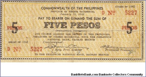 S-637 Negros Occidental 5 Pesos note. Will trade this note for Philippine notes I don't have. Banknote