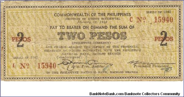 S-635 egros Occidentl 2 Pesos note. Will trade this note for Philippine notes I don't have. Banknote