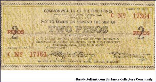 S-635 Negros Occidental 2 Pesos note. Will trade this note for Philippine notes I don't have. Banknote