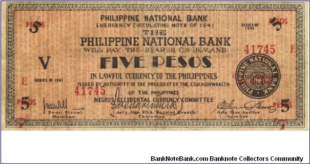 S-626a Negros Occidental 5 Pesos note. Will trade this note for Philippine notes I don't have. Banknote