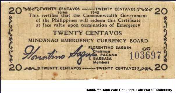 S-503 Mindanao 20 Centavos note. Will trade this note for Philippine notes I don't have. Banknote