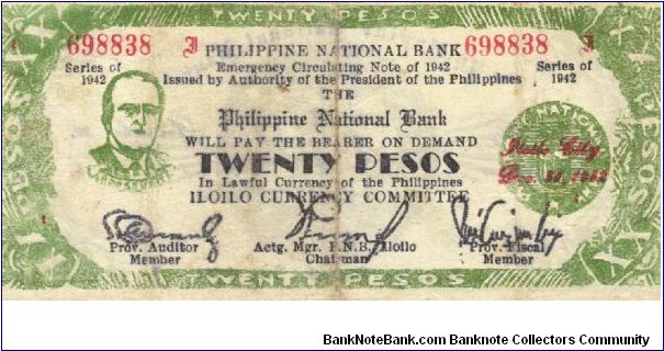 S-318a Iloilo 20 Pesos note. Will trade this note for Philippine notes I don't have. Banknote