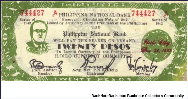 S-318a Iloilo 20 Pesos note. Will trade this note for Philippine notes I don't have. Banknote