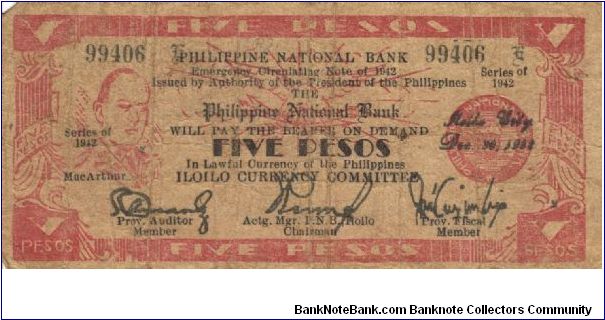 S-316 Iloilo 5 Pesos note. Will trade this note for Philippine notes I don't have. Banknote