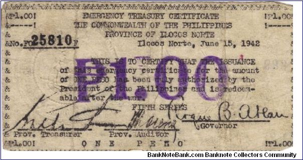 S-296 Ilocos 1 Peso note. Will trade this note for Philippine notes I don't have. Banknote