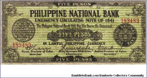 S-219 Cebu 5 Pesos note. Will trade this note for Philippine notes I don't have. Banknote