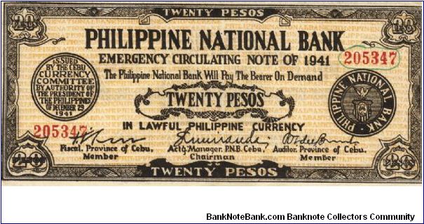 S-218a Cebu 20 pesos note. Will trade this note for Philippine notes I don't have. Banknote